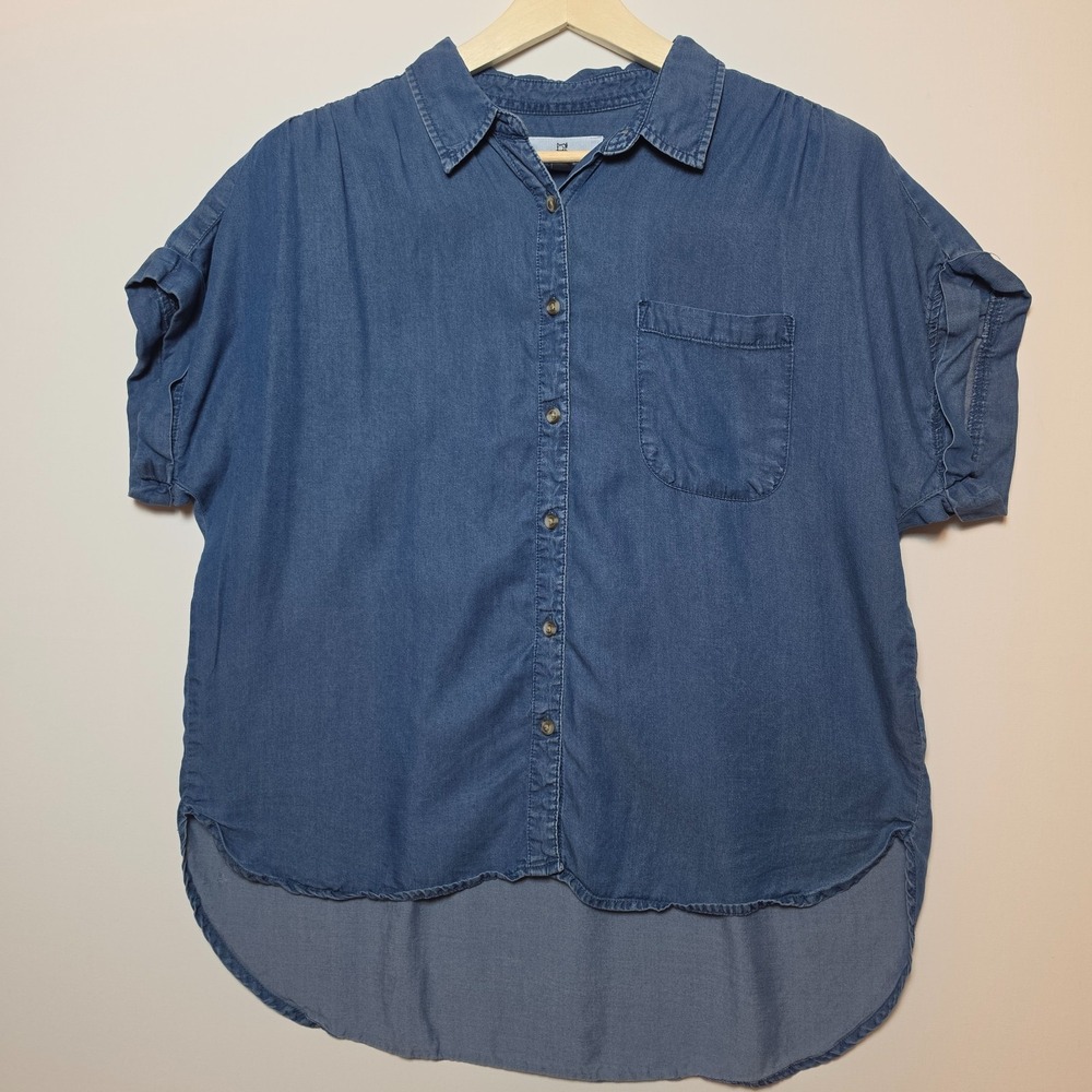 Thread & Supply Tencel Denim Button Down High Low Shirt Medium Wash Blue Size M